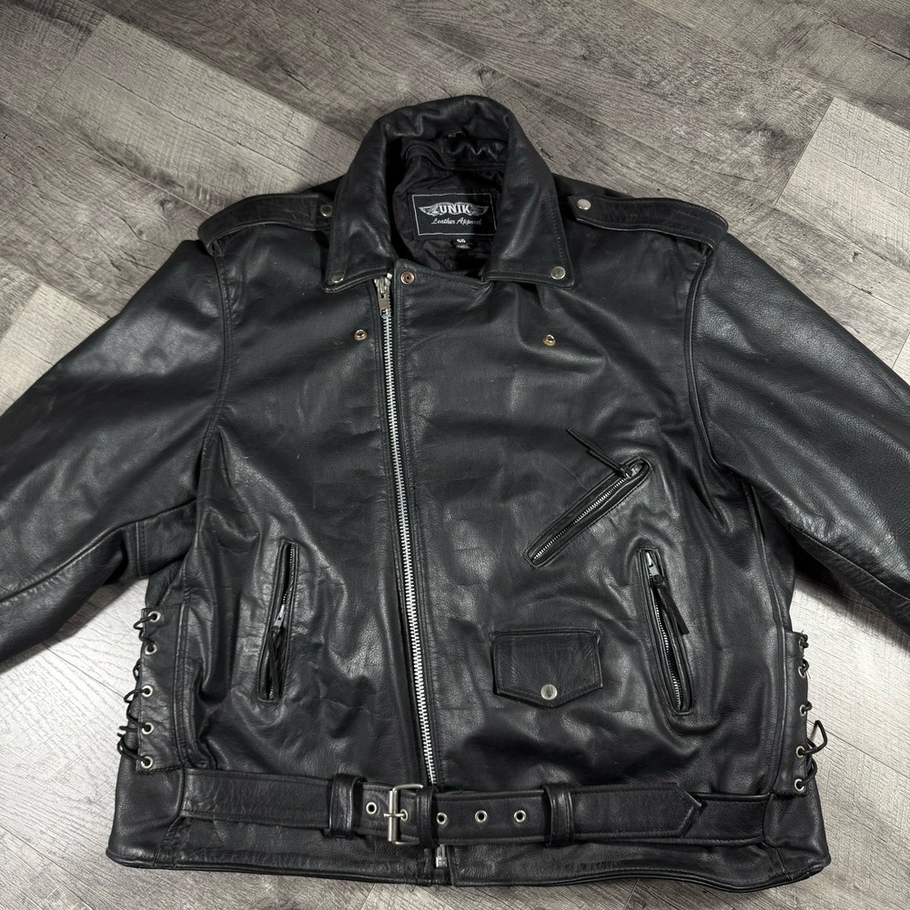VNTG UNIK Leather Biker Jacket Size 56 W/2 Sets Of Gloves & Leather Bandana